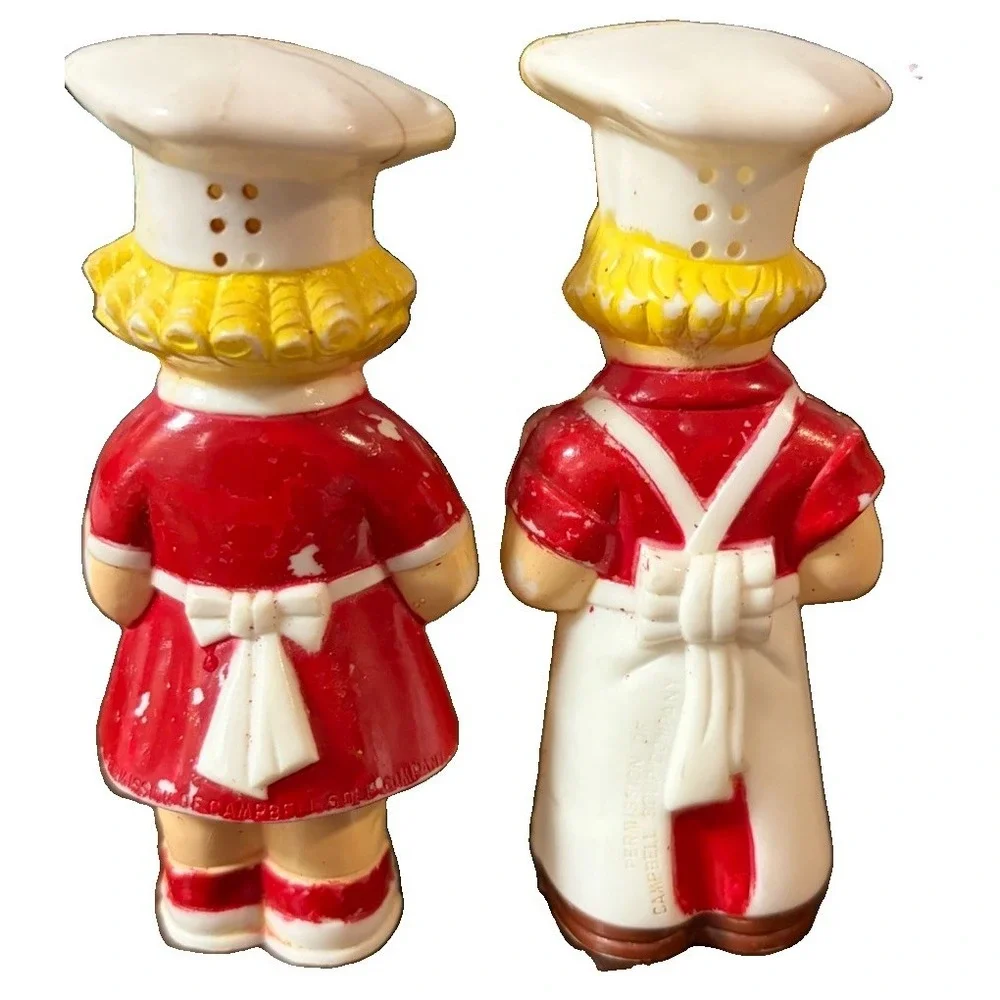 Vintage Campbell's Soup Kids Chef Salt Pepper Shakers Plastic Red White 4.5